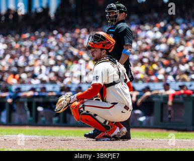 22 juin 2025 San Francisco CA, U.S.A. San Francisco Catcher Patrick Bailey (14 ans) derrière la plaque à domicile pendant le match MLB entre les Red Sox de Boston et les Giants de San Francisco à Oracle Park San Francisco Calif. Thurman James/CSM Banque D'Images