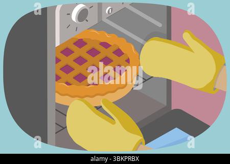 Illustration plate isométrique 3D de la cuisson à la maison, pâtisserie dans le four électrique moderne Banque D'Images