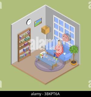 Illustration plate isométrique 3D de sensation de malaise, symptômes et traitements Banque D'Images