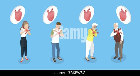 Illustration plate isométrique 3D d'une crise cardiaque, d'une insuffisance cardiaque Banque D'Images