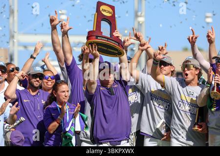 Omaha, ne, États-Unis. 22 juin 2025. L'entraîneur-chef de la LSU, Jay Johnson, remporte le trophée de championnat national 2025 après le deuxième match de la série mondiale des collèges masculins de la NCAA entre les Chanticleers de la Coastal Carolina University et les Tigers de la LSU au Charles Schwab Field Omaha à Omaha, au Nebraska. Jonathan Mailhes/CSM/Alamy Live News Banque D'Images