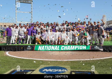 Omaha, ne, États-Unis. 22 juin 2025. L'équipe de baseball de la LSU pose avec le trophée de championnat national 2025 après le match 2 de la série mondiale des collèges masculins de la NCAA entre les Chanticleers de l'Université Coastal Carolina et les Tigers de la LSU au Charles Schwab Field Omaha à Omaha, au Nebraska. Jonathan Mailhes/CSM/Alamy Live News Banque D'Images
