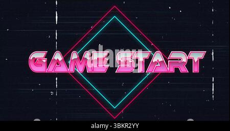 Affichage du texte de DÉBUT DU JEU DE cadrage de contour de diamant néon sur fond fusain, avec des marques de pépins Banque D'Images