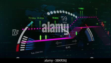 Affichage du HUD numérique du cockpit avec indicateur de vitesse, ligne magenta, barres en chandelier, icône de batterie Banque D'Images
