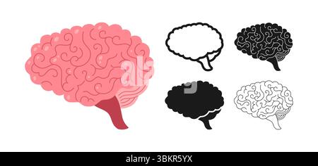 Jeu de symboles de cerveau humain. Concept de symbole d'esprit sur fond blanc. Dessin du cerveau humain pour médical, neuroscience, éducation ou technologie, ou pour les enfants illustration vectorielle de conception de signe de style simple Illustration de Vecteur