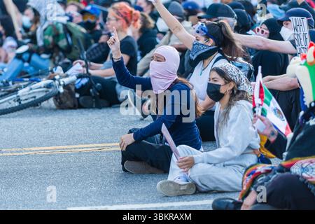 Los Angeles, États-Unis – 8 juin 2025 : manifestants assis dans la rue pendant une manifestation au centre-ville contre l’expansion des opérations DE GLACE et en soutien à l’IM Banque D'Images
