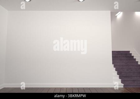 Le mur blanc vierge est debout dans le couloir de conception plate, avec des escaliers pourpre recouverts de moquette, espace de copie Banque D'Images