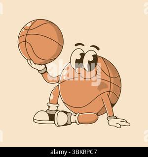 Un personnage de basket-ball de dessin animé avec les bras et les jambes, assis et tenant un ballon de basket. Illustration de Vecteur