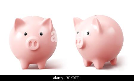 Tirelires 3D roses des angles avant et latéraux - conteneurs d'épargne en céramique avec museau, oreilles, yeux noirs. Concept financier réaliste pour la gestion bancaire, d'investissement ou de budget personnel. Illustration de Vecteur