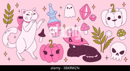 Collection Coquette halloween avec chats et fantômes, chapeau de sorcière et bouteille de potion, cristaux et champignons, crâne, citrouille avec visage et feuilles. Kawaii Spooky Elements pour une jolie décoration de fête d'automne. Illustration de Vecteur