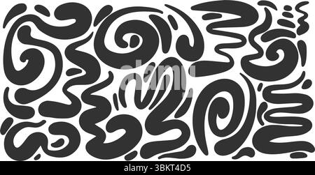 Formes vectorielles abstraites. Blobes de peinture liquide organique. Éclaboussures irrégulières organiques et griffonnages de fluides aléatoires. Éléments plats dessinés à la main simples. Moderne Illustration de Vecteur