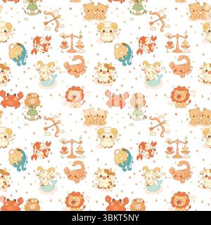 Joli motif sans couture montrant les douze signes du zodiaque comme personnages de dessin animé sur un fond blanc doux. Illustration de Vecteur