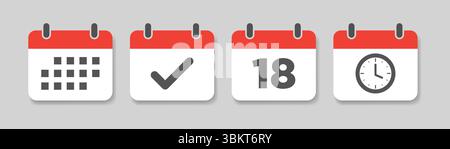 Icône de calendrier avec l'heure et la date dans un design plat. Année, date, horloge signe sur le calendrier, rappel de calendrier d'événement, date limite, modèle de calendrier Illustration de Vecteur
