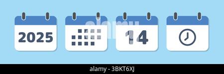 Icône de calendrier avec l'heure et la date dans un design plat. Année, date, horloge signe sur le calendrier, rappel de calendrier d'événement, date limite, modèle de calendrier Illustration de Vecteur