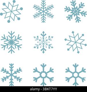 Flocons de neige, flocons de neige de ligne mince paquet d'icônes simples, modèle de flocons de neige d'hiver, ensemble d'icônes de flocons de neige bleu, illustration vectorielle de flocons de neige. Illustration de Vecteur