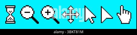 Ensemble d'icônes de curseur de clic de pixel, flèche de pointeur de clic, collection de curseur de souris d'ordinateur, curseur d'art de pixel, clic de main, loupe, sablier. Illustration de Vecteur