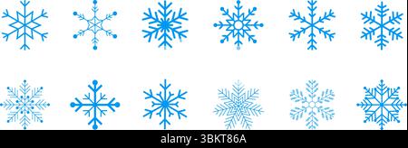 Flocons de neige, flocons de neige de ligne mince paquet d'icônes simples, modèle de flocons de neige d'hiver, ensemble d'icônes de flocons de neige bleu, illustration vectorielle de flocons de neige. Illustration de Vecteur