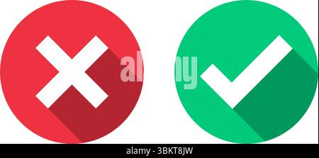 Coche verte, signe de croix rouge avec ombre longue, icône de vecteur de liste de cases à cocher, signes de liste de contrôle dans des formes rondes. Coche verte et x rouge, coche croisée Illustration de Vecteur