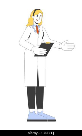 Blonde femme scientifique tenant le presse-papiers dans le personnage de dessin animé 2D manteau de laboratoire Illustration de Vecteur