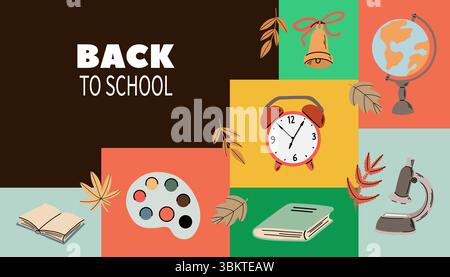 Affiche avec de mignonnes fournitures scolaires dessinées à la main Illustration de Vecteur