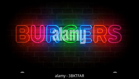 Symbole hamburgers bar néon. Hamburger fast food ampoules de couleur claire. Concept abstrait illustration 3D. Banque D'Images