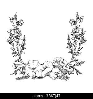 Champignon Russula webcap, escargot sur le dessus, fleurs de bruyère, croissance de lichen de mousse. Habitat de plancher forestier scène de nature. Cadre de couronne dessiné à la main dans l'encre vectorielle Illustration de Vecteur