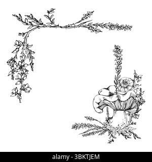 Champignon Russula webcap, escargot sur le dessus, croissance de lichen de mousse, fleurs de bruyère. Habitat de plancher forestier scène de nature. Cadre d'angle carré dessiné à la main Illustration de Vecteur