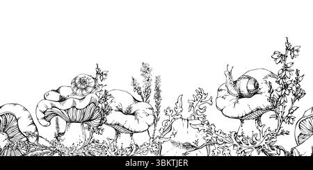 Champignon Russula webcap, escargot sur le dessus, croissance de lichen de mousse, fleurs de bruyère. En-tête de bannière sans couture dessinée à la main dans l'encre vectorielle. Habitat forestier Illustration de Vecteur
