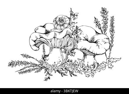 Champignon Russula webcap, escargot sur le dessus, croissance de lichen de mousse, fleurs de bruyère. Illustration de la nature dessinée à la main à l'encre vectorielle. Scène de l'habitat du plancher forestier Illustration de Vecteur
