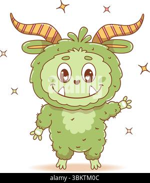 Mignon Cartoon vert monstre. Cool drôle kawaii caractère à cornes. Illustration vectorielle. Collection enfants pour autocollant, mascotte et design Illustration de Vecteur