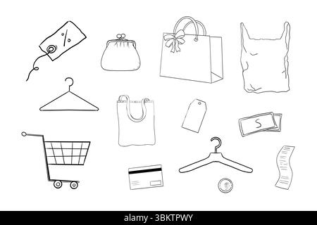Doodle ensemble d'icônes d'achat panier, sac, panier, cadeau, coupon, illustrations de style croquis pour le commerce électronique, la vente, la livraison et les thèmes de magasin de mode. Isolé et mignon. Illustration vectorielle Illustration de Vecteur