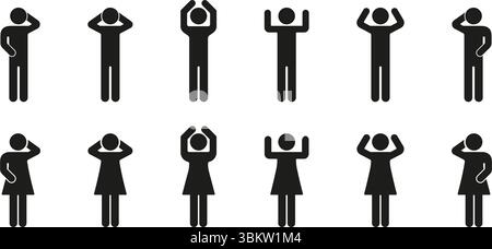 Silhouette personnes dans divers ensembles d'icônes de poses. Figures humaines exprimant différentes émotions et gestes Solid Symbol Collection. Communication et corps Illustration de Vecteur