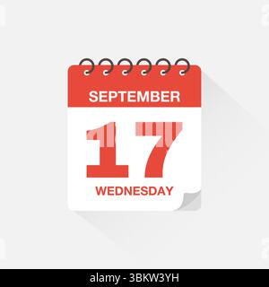Calendrier journalier avec la date du 17 septembre. Vecteur d'icône de calendrier. Rappel de calendrier d'événements, signe de date de planification de réunion d'affaires, symbole de date de rendez-vous. Illustration de Vecteur
