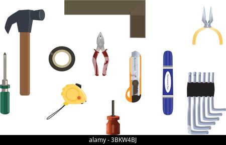 Jeu d'outils de réparation, divers outils de travail, outils isolés Illustration de Vecteur
