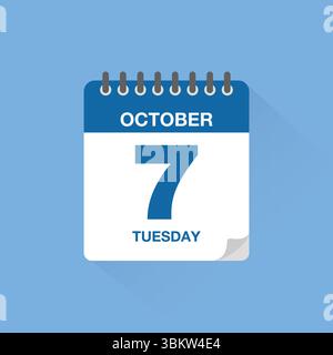 Calendrier journalier avec date 7 octobre. Vecteur d'icône de calendrier. Rappel de calendrier d'événements, signe de date de planification de réunion d'affaires, symbole de date de rendez-vous. Illustration de Vecteur