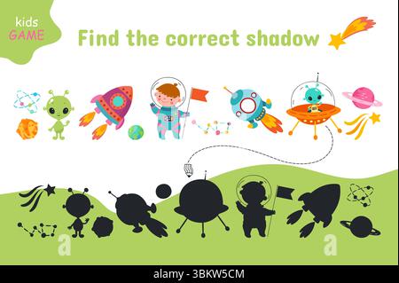 Trouvez l'ombre correcte. Éléments spatiaux, astronaute de bande dessinée dans la combinaison spatiale, extraterrestres verts, vaisseaux spatiaux et comètes. Jeu éducatif pour enfants, vecteur de nos jours Illustration de Vecteur