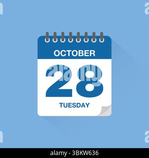 Calendrier journalier avec date octobre 28. Vecteur d'icône de calendrier. Rappel de calendrier d'événements, signe de date de planification de réunion d'affaires, symbole de date de rendez-vous. Illustration de Vecteur