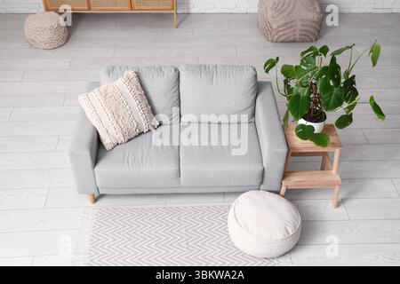 Canapé, pouf, échelle et plante d'intérieur Monstera à l'intérieur de la pièce Banque D'Images