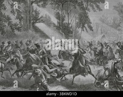 Bataille de Rocquencourt (1er juillet 1815). Engagement de cavalerie qui a eu lieu dans et autour des villages de Rocquencourt et le Chesnay. Les dragons français, sous les ordres du général Exelmans, détruisent une brigade de hussards prussiens dirigée par le lieutenant-colonel Friedrich Georg von Sohr (qui est grièvement blessé et fait prisonnier pendant les combats). Combat du général Exelmans contre la cavalerie prussienne à Rocquencourt. Dessin de Philippoteaux. Gravure de Pontenier. Histoire du Consulat et de l'Empire, par A. Thiers. Volume IV. publié dans Barce Banque D'Images