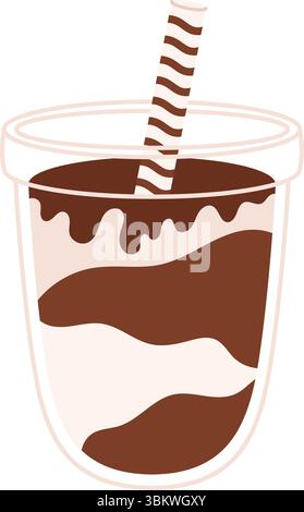Soda crème au chocolat avec des tourbillons décoratifs et paille rayée dans une tasse en plastique transparent. Boisson riche et indulgente. Illustration vectorielle stock dans le dessin animé fla Illustration de Vecteur