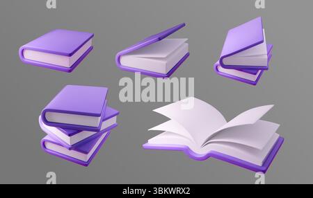 Illustration vectorielle 3d de livres violets stylisés dans diverses positions et angles. Idéal pour les thèmes éducatifs, les promotions de bibliothèque ou la lecture Illustration de Vecteur