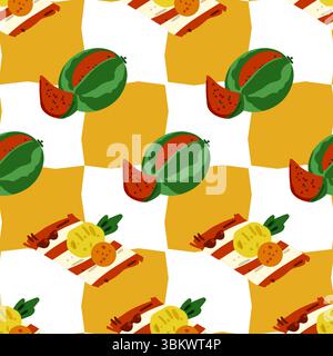 Motif de style dessin animé avec des pastèques et des couvertures de pique-nique avec des collations sur un fond à carreaux jaune et blanc. Design plat lumineux et ludique. Illustration de Vecteur