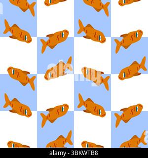 Poisson orange ludique sur fond à carreaux blanc et bleu alternant en répétition transparente. Motif plat de style dessin animé avec des vibrations marines. Illustration de Vecteur