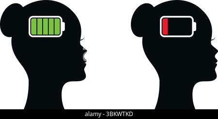 silhouette de femme de santé mentale avec illustration vectorielle de batterie pleine et vide Illustration de Vecteur