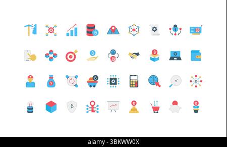 Blockchain, bitcoin et extraction de données, sécurité fintech, crypto coins dans un jeu d'icônes de couleur de portefeuille électronique. Cube de bloc numérique et d'informations, illustration vectorielle plate de démarrage de crypto-monnaie Illustration de Vecteur