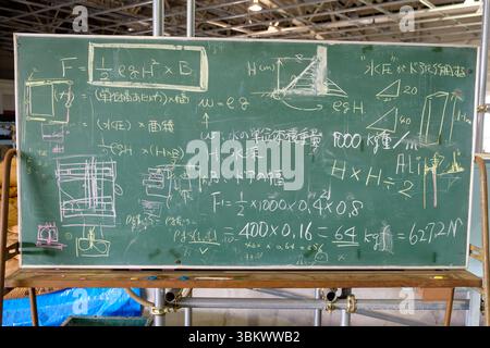 Expliquer les calculs de pression et de force de l'eau sur une porte/portail sur un tableau noir. Banque D'Images