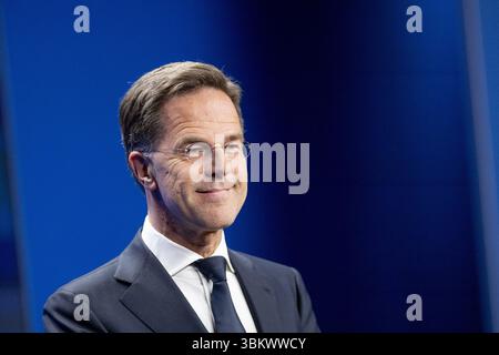 La Haye, pays-Bas. 23 juin 2025. Le chef de l'OTAN, Mark Rutte, lors d'une conférence de presse avant le sommet de l'OTAN à la Haye, aux pays-Bas, le 23 juin 2025. Les pays-Bas accueillent un sommet de l'OTAN pour la première fois dans l'histoire de l'OTAN. ANP REMKO DE WAAL netherlands Out - belgique Out Credit : ANP/Alamy Live News Banque D'Images