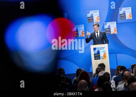 La Haye, pays-Bas. 23 juin 2025. LA HAYE - le chef de l'OTAN, Mark Rutte, lors d'une conférence de presse avant le sommet de l'OTAN. Les pays-Bas accueillent un sommet de l'OTAN pour la première fois dans l'histoire de l'OTAN. ANP REMKO DE WAAL netherlands Out - belgique Out Credit : ANP/Alamy Live News Banque D'Images