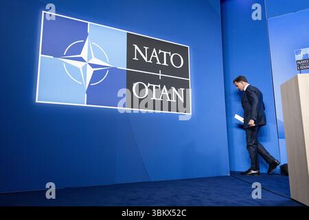 La Haye, pays-Bas. 23 juin 2025. Le chef de l'OTAN, Mark Rutte, à l'issue d'une conférence de presse en prévision du sommet de l'OTAN à la Haye, aux pays-Bas, le 23 juin 2025. Les pays-Bas accueillent un sommet de l'OTAN pour la première fois dans l'histoire de l'OTAN. ANP REMKO DE WAAL netherlands Out - belgique Out Credit : ANP/Alamy Live News Banque D'Images