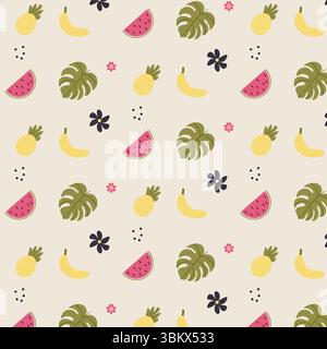 Motif sans couture d'été avec des feuilles de monstera, banane, tranche de pastèque et fleur rose. Illustration vectorielle pour papier d'emballage, textile. Illustration de Vecteur